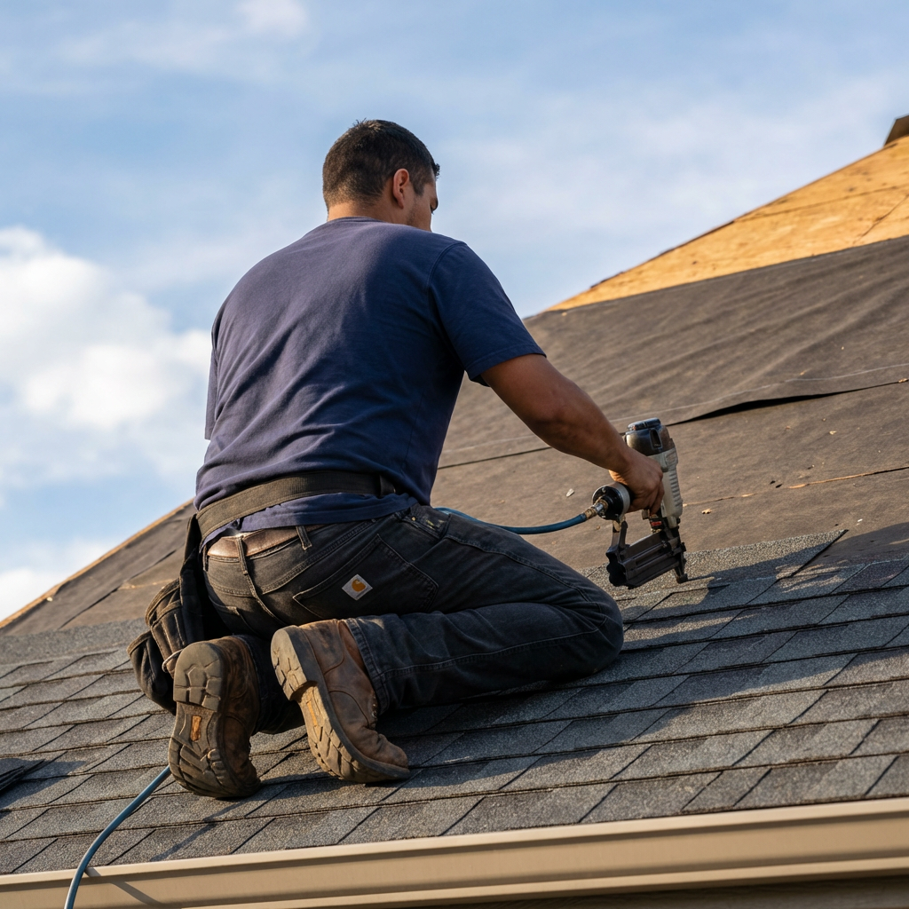 Completed roof replacement at golden hour in Centennial, Colorado