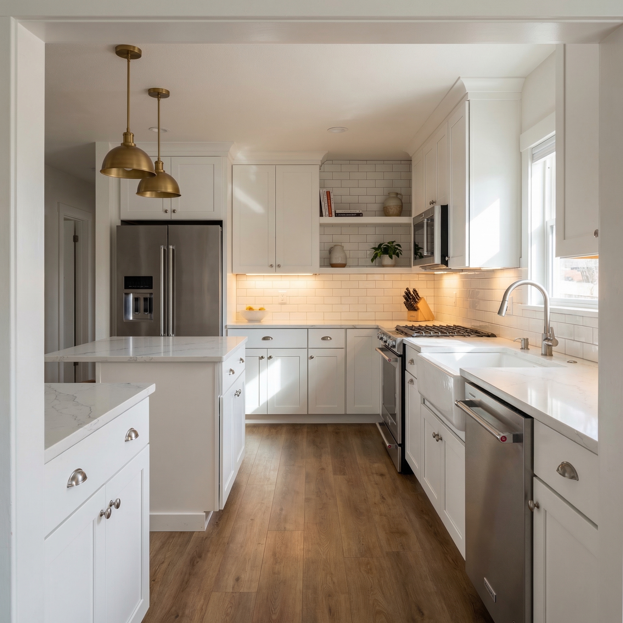Completed kitchen remodel with white Shaker cabinets and quartz countertops
