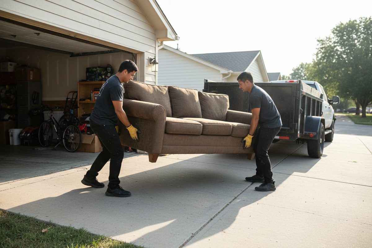 Crew carrying a sofa out of a garage to a dump trailer