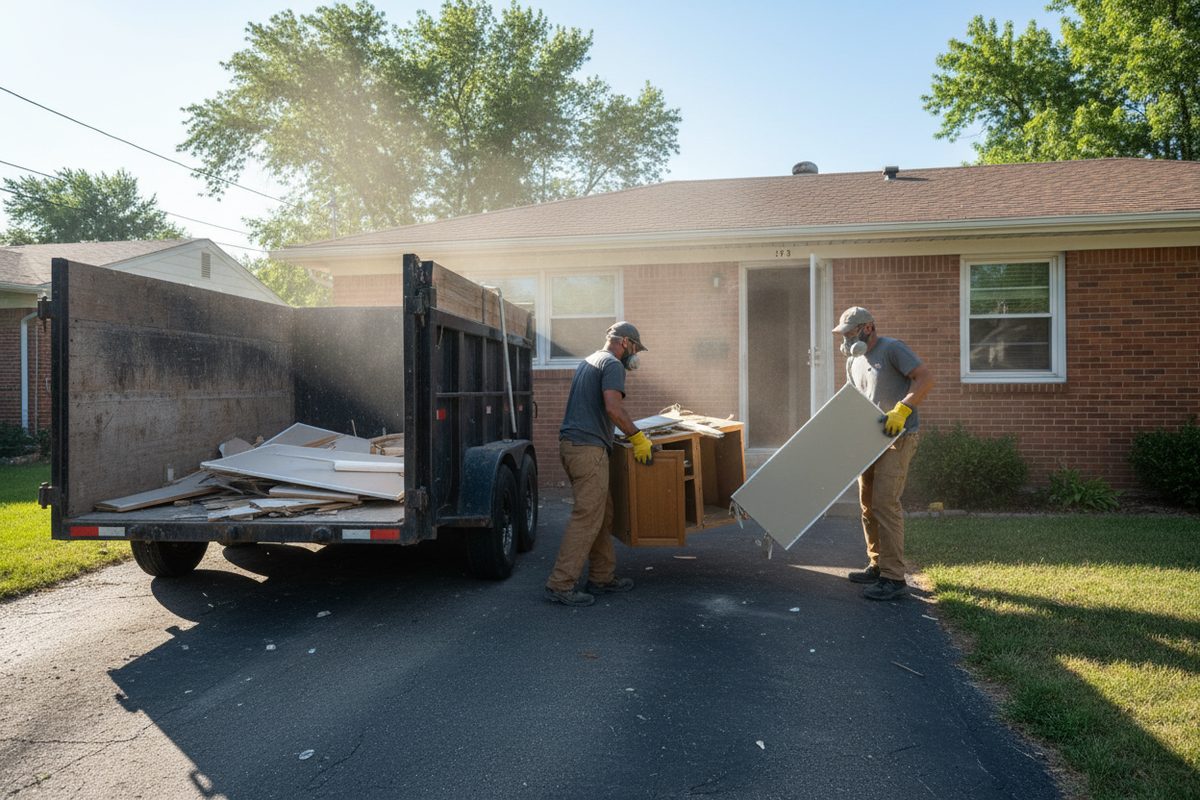 Demolition crew carrying cabinets and drywall out to a dump trailer