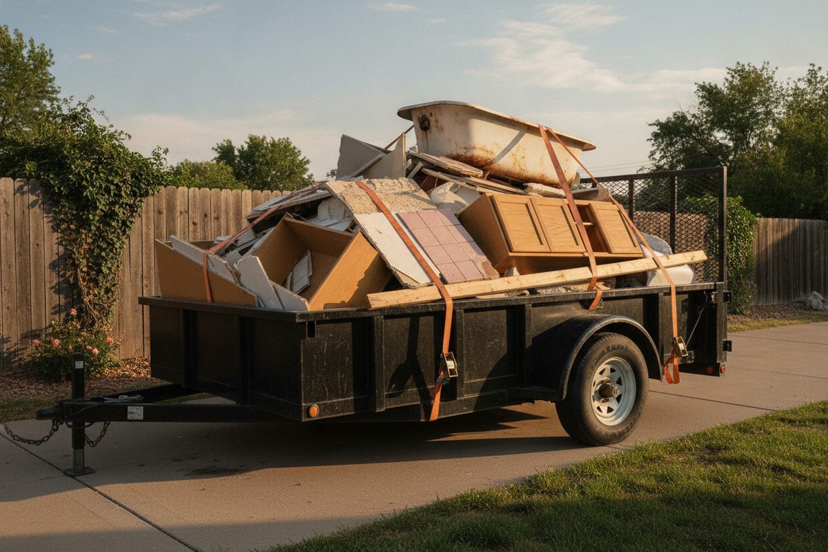 Dump trailer heaped with demolition debris